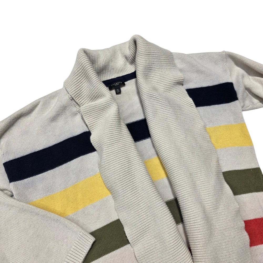 Talbots Striped Shawl Collar Cardigan Sweater Beige Navy Yellow Green Red  MP